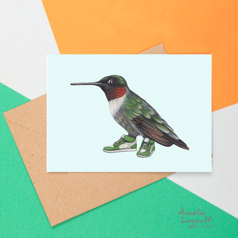 carte de souhaits d'oiseaux colibri du Québec, carte d'anniversaire de colibri à gorge rubis par l'artiste et illustratrice québécoise Amelie Legault,  hummingbird canadian bird greeting card, bird birthday card by Canadian Artist Amelie Legault