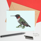 carte de souhaits d'oiseaux colibri du Québec, carte d'anniversaire de colibri à gorge rubis par l'artiste et illustratrice québécoise Amelie Legault,  hummingbird canadian bird greeting card, bird birthday card by Canadian Artist Amelie Legault