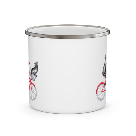 Cats riding a bike enameled stainless steel mug