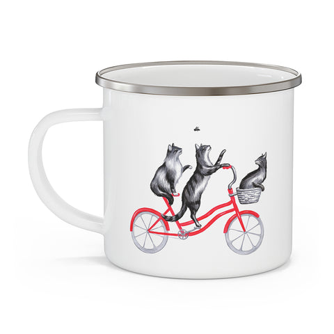 Cats riding a bike enameled stainless steel mug