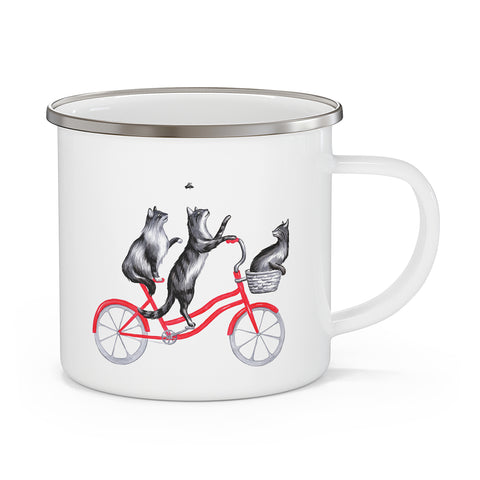 Cats riding a bike enameled stainless steel mug