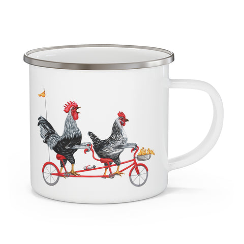 Chickens riding a bike enameled stainless steel mug