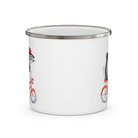 Fish riding a bike enameled stainless steel mug