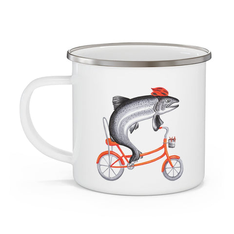 Fish riding a bike enameled stainless steel mug