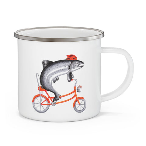 Fish riding a bike enameled stainless steel mug