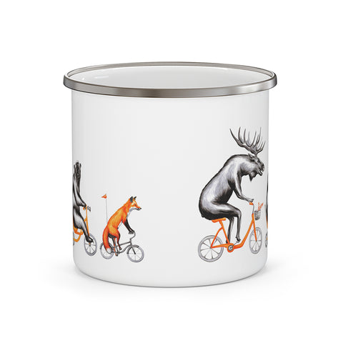 Moose, bear and fox riding a bike enameled stainless steel mug