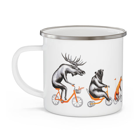 Moose, bear and fox riding a bike enameled stainless steel mug