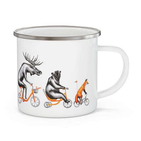 Moose, bear and fox riding a bike enameled stainless steel mug