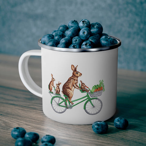 Rabbits riding a bike enameled stainless steel mug