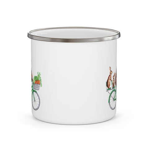 Rabbits riding a bike enameled stainless steel mug