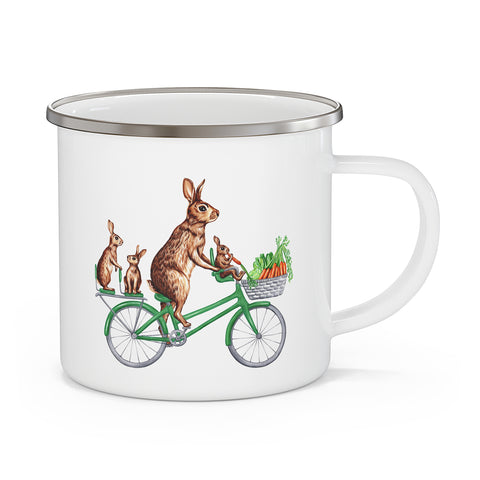 Rabbits riding a bike enameled stainless steel mug