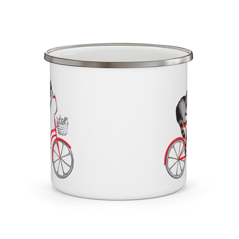 Raccoons riding a bike enameled stainless steel mug