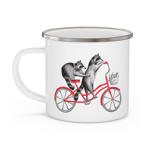 Raccoons riding a bike enameled stainless steel mug