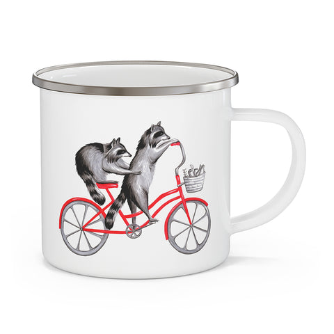 Raccoons riding a bike enameled stainless steel mug