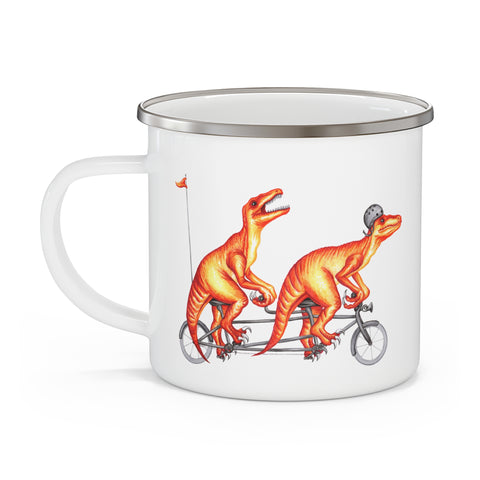 Raptors riding a tandem bike enameled stainless steel mug