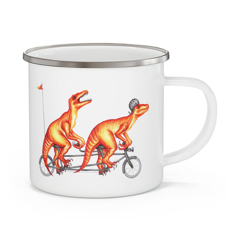 Raptors riding a tandem bike enameled stainless steel mug