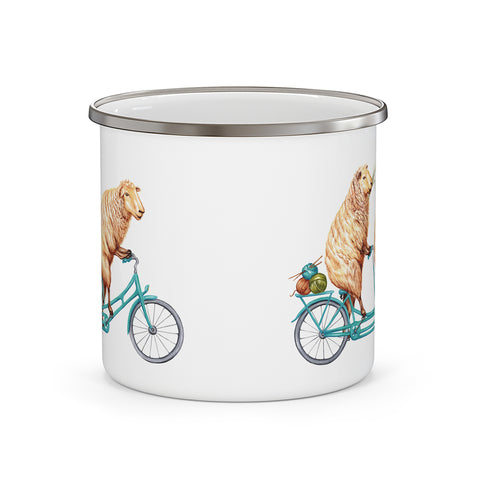 Sheep riding a bike enameled stainless steel mug