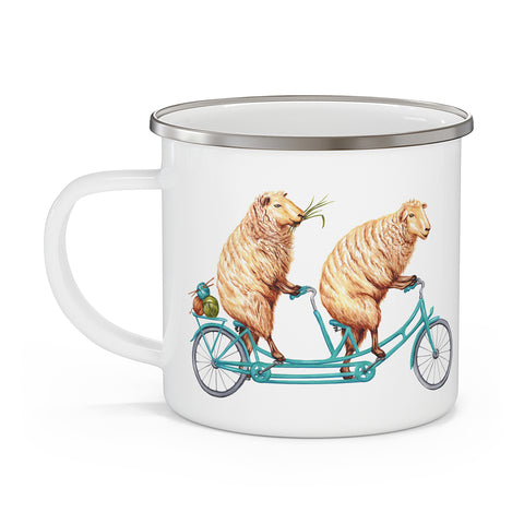 Sheep riding a bike enameled stainless steel mug