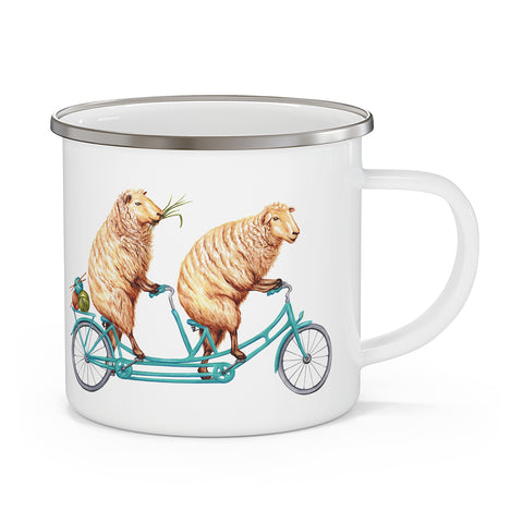 Sheep riding a bike enameled stainless steel mug