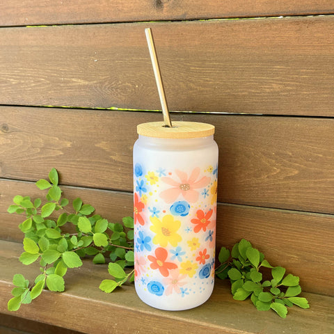 Frosted Glass Tumbler 16 oz – Floral Design #1