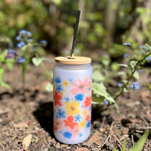 Frosted Glass Tumbler 16 oz – Floral Design #1