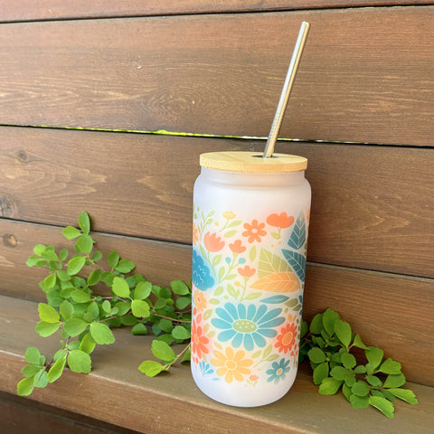 Frosted Glass Tumbler 16 oz – Floral Design #5