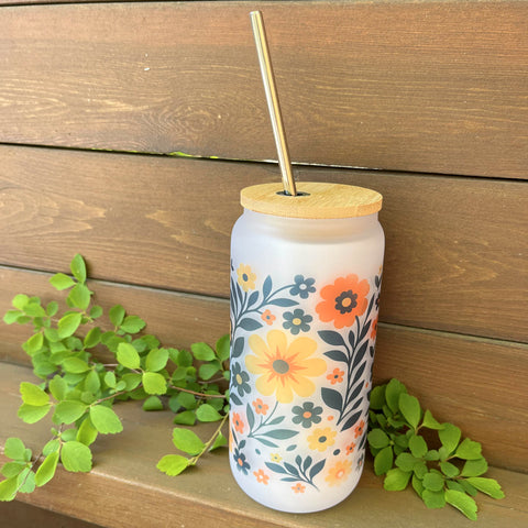 Frosted Glass Tumbler 16 oz – Floral Design #4