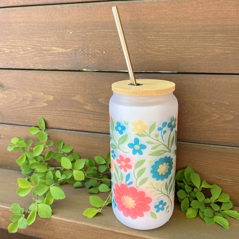 Frosted Glass Tumbler 16 oz – Floral Design #6