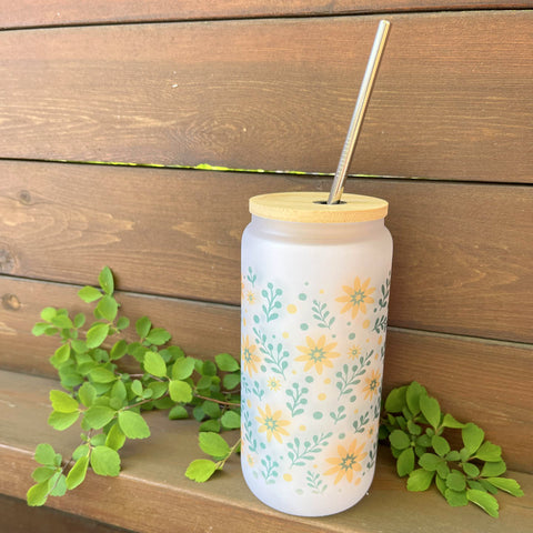 Frosted Glass Tumbler 16 oz – Floral Design #3