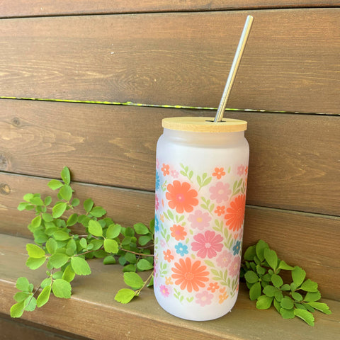 Frosted Glass Tumbler 16 oz – Floral Design #2