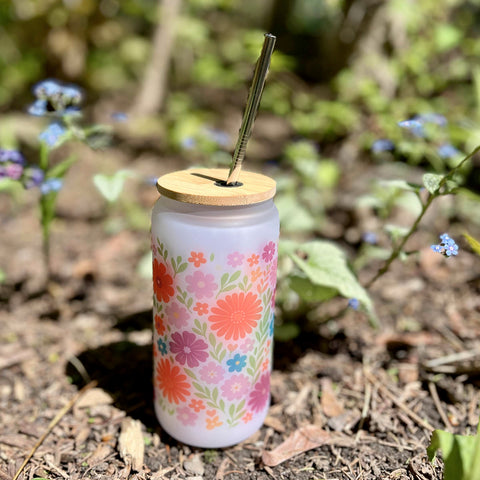 Frosted Glass Tumbler 16 oz – Floral Design #2