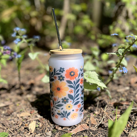 Frosted Glass Tumbler 16 oz – Floral Design #4