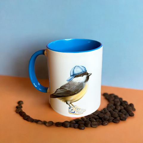 Chickadee wearing sneakers Mug