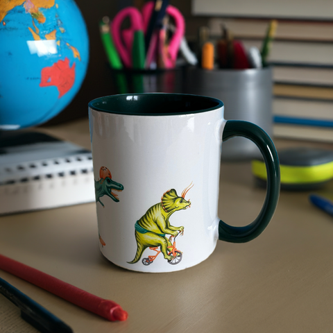 Dinosaur Trio riding bikes mug