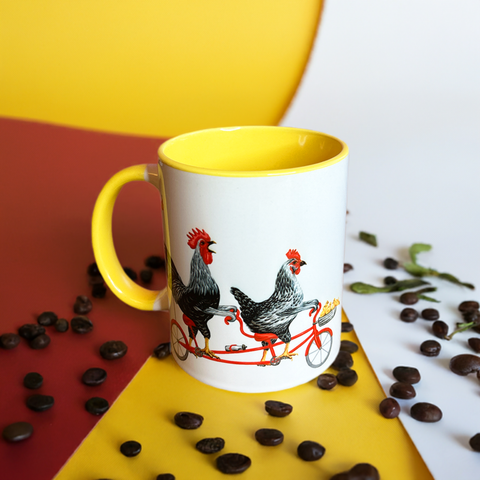 Rooster, hen and chicks riding a tandem bicycle Mug