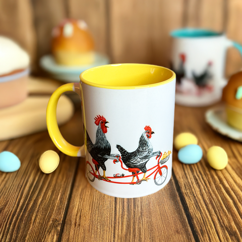 Rooster, hen and chicks riding a tandem bicycle Mug