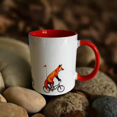 Moose, bear and fox riding a bike mug