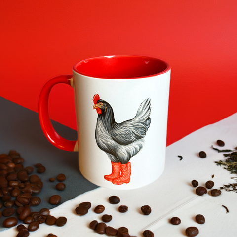 Tasse Poule en botte de pluie rouge