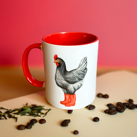 Tasse Poule en botte de pluie rouge