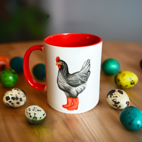 Tasse Poule en botte de pluie rouge