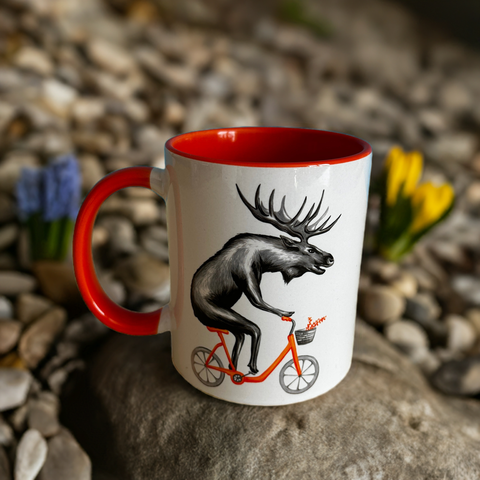 Moose, bear and fox riding a bike mug