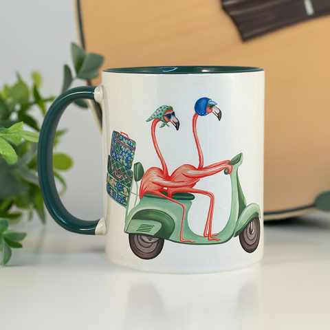 Flamingos riding a Scooter Mug