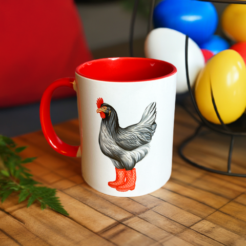 Tasse Poule en botte de pluie rouge