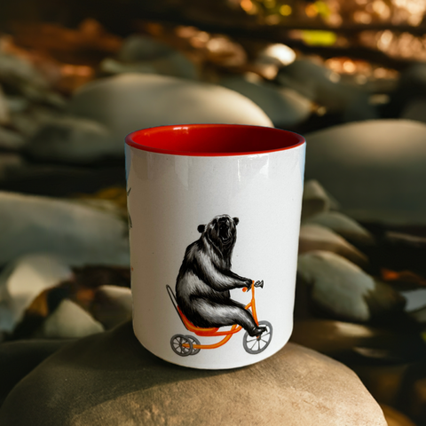 Moose, bear and fox riding a bike mug