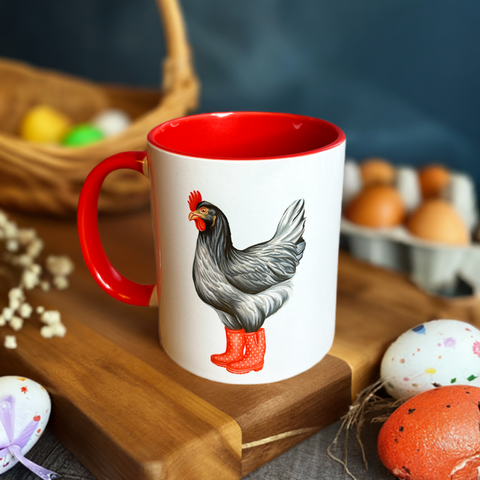 Tasse Poule en botte de pluie rouge