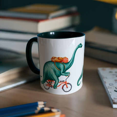 Dinosaur Trio riding bikes mug