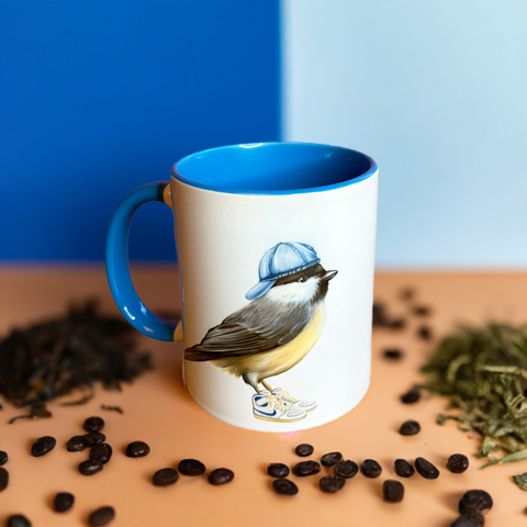 Chickadee wearing sneakers Mug