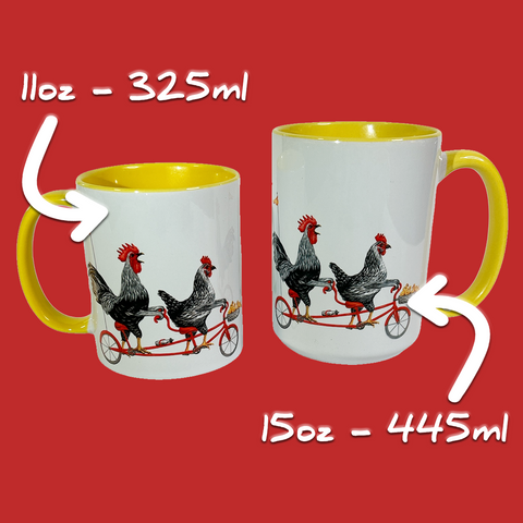 Rooster, hen and chicks riding a tandem bicycle Mug