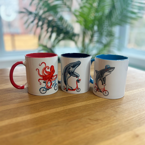 Rooster, hen and chicks riding a tandem bicycle Mug