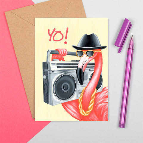 flamingo card, run-dmc, hip hop, rap music, ghetto blaster. boom box, greeting card